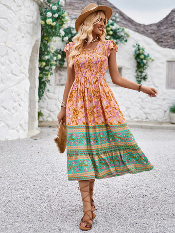 Multifaceted Floral and Green Patterned Dress