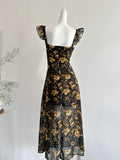Asymmetric Ruffle Black Floral Midi Dress