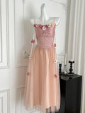 Enchanting Pink Satin Tulle Floral Embellished Dress