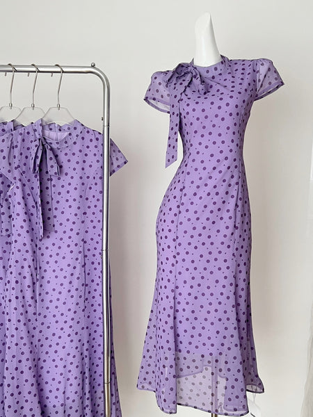 Asymmetric Lilac Polka Dot Midi Dress
