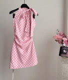 Side Bow Pink Gingham Halter Dress