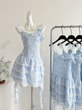 Ruffled Lace Layers Light Blue Butterfly Print Mini Dress
