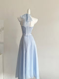 Elegant Light Blue Halter Neck Chiffon Midi Dress
