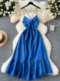 Spaghetti Straps Ruffled Hem Blue Eyelet Dress
