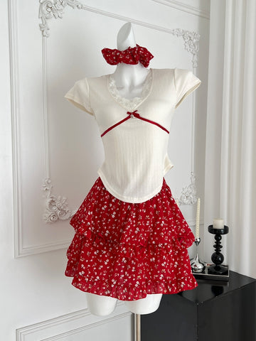 Cute White & Red Floral Print Outfit Set