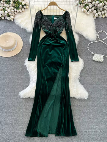 Regal Velvet Evening Gown with Beaded Sleeves and Slit