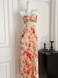 Halter Neck Floral Print Pleated Maxi Dress