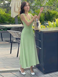 Tie Shoulder Green Maxi Causal Dress