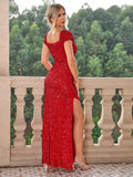 Red Off The Shoulder Sequin Party Dress With Slit