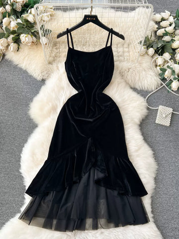 Black Velvet Noir Tiered Cocktail Dress