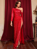 Red Sequin Lace Up Slit Party Dress