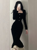 Pearl Button Lace Hem Black Midi Dress