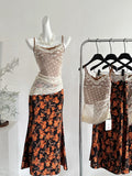 Floral Print Midi Skirt Sheer Lace Cami Top Set