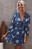 Ruffled Neckline Long Sleeves Floral Dress