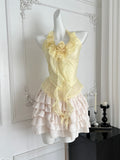 Ruffled Floral Yellow Halter Top Skirt Set