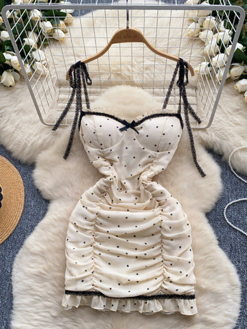 Ruched Lace Accents  Polka Dot Mini Dress