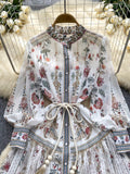 Waist Tie Full-Length Sleeves Floral Maxi Dress