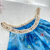Embroidered Floral Patterns Blue Halter Neck Maxi Dress