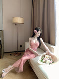 Spice lace stitching gauze printed suspender dress