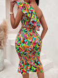 Colorful One-Shoulder Ruffled Midi Dress