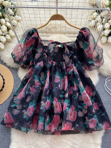 Midnight Rose Puff-Sleeve Dress