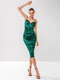 Luxurious Emerald Satin Ruched Midi Dress