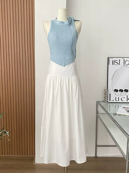 Bow Tie  Round Neck Sleeveless Two Piece  Knit Dress