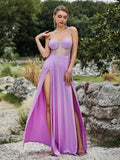 Lavender High-Slit Embellished Evening Dress