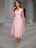 Romantic Sheer Overlay Pink Tea-Length Dress