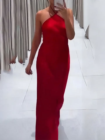 Red Silky Sleek Cut Evening Maxi Dress