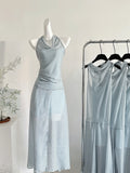Light Blue & White Striped Halter Midi Dress