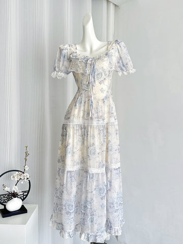 Blue Tiered Sash Ruffles Floral Print Dress