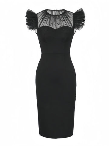 Elegant Sheer Ruffled Shoulders Black Dress