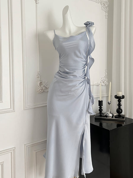 Sophisticated Light Blue One Shoulder Ruched Dress