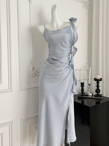 Sophisticated Light Blue One Shoulder Ruched Dress