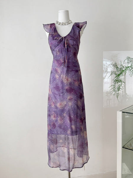 Floral Print Ruffled Purple Midi Dress