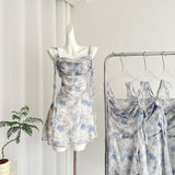Elegant Blue Watercolor Print Summer Dress