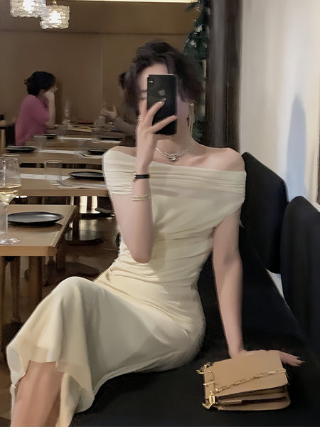 Ivory Elegance Off-Shoulder Pleated Midi Dress
