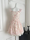 Adorable Pink Floral Ruffled Off Shoulder Mini Dress