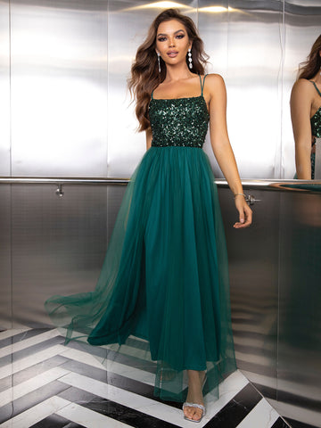 Celestial Gleam Green Sequined Tulle Gown Dress