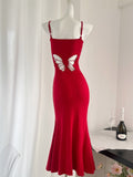 Spaghetti Straps Hollow Butterfly Red Bodycon Dres