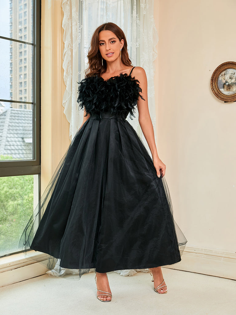 Black Feather Halter Mesh Evening Dress – Ncocon