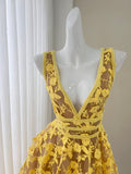 Vintage Golden Backless Yellow Lace Dress