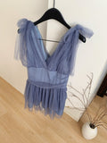 V NecK Navy Blue Mesh Mini Dress