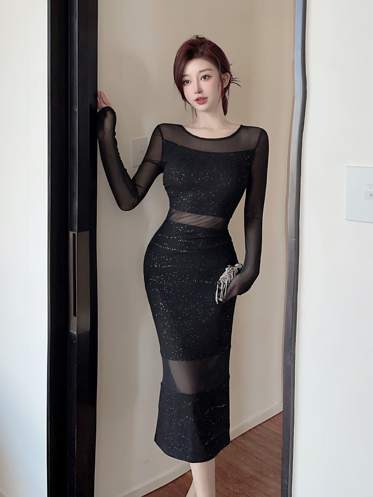 2023 Long-Sleeve Black Glitter Party Dress with Sheer Overlay Ncocon 2023 Long-Sleeve Black Glitter Party Dress with Sheer Overlay Ncocon