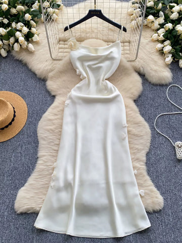 Floral Spaghetti Straps Satin White Dress