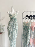 Beaded Waist Floral Print Spaghetti Strap Maxi Dress