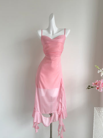 Chiffon Asymmetrical Skirt Pink Maxi Dress