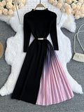 Gradient Pleated Skirt Long-Sleeve Ribbed Dress