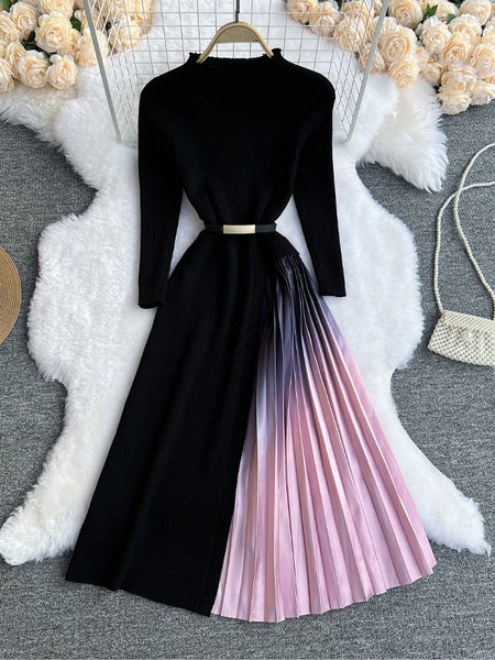 Gradient Pleated Skirt Long-Sleeve Ribbed Dress